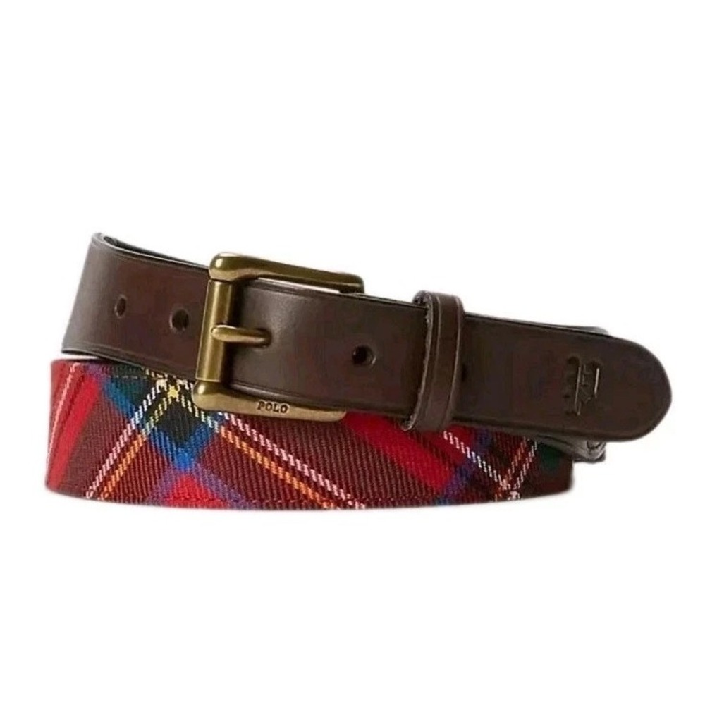 Polo Ralph Lauren Tarten Plaid Leather Trim Belt Mens Large Locharron Scotland